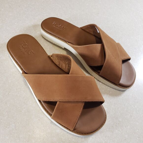 TOMS Mae Crossover Leather Slide Sandals Brown Sugar Women’s US 8.5 - Picture 1 of 7